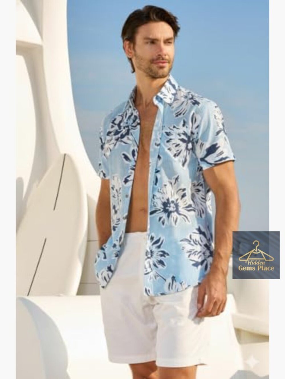 Men's Linen Blend Short Sleeve Vintage Print Button Down Shirt - Picture 3 of 7